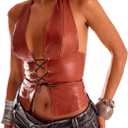 SHENHE Women's PU Leather Lace Up Halter Bustier Top Deep V Backless Sexy Club Rave Crop Top (Large, Brown)