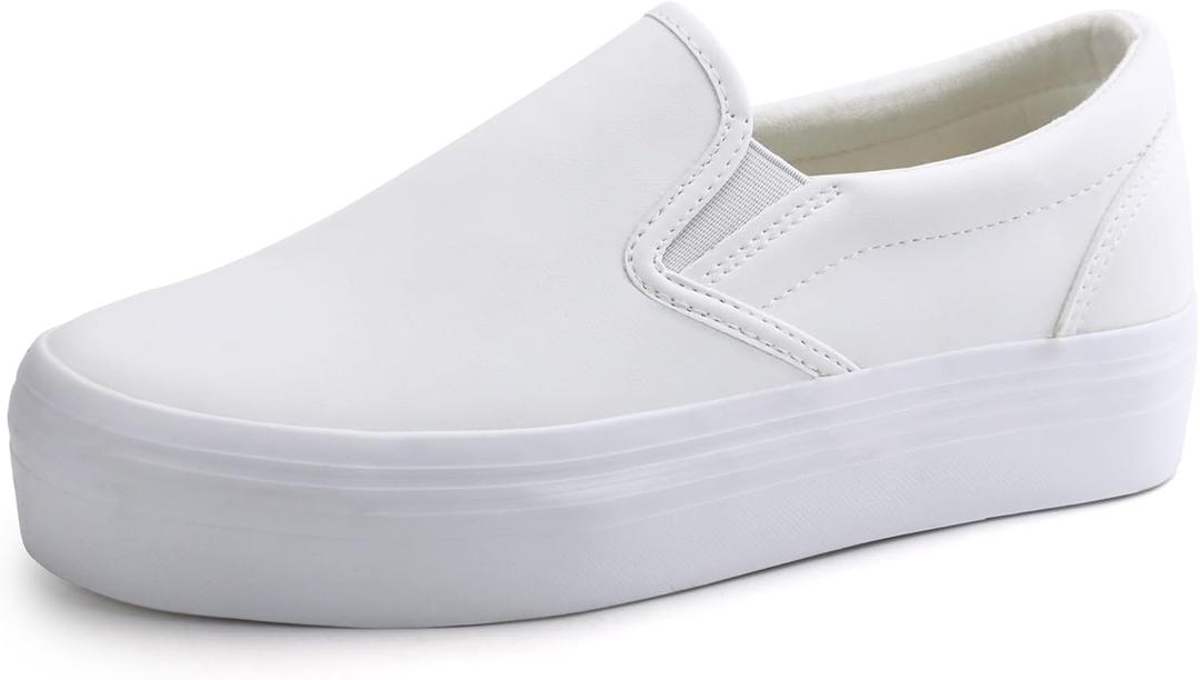JABASIC Women Casual Slip On Platform Loafers Comfortable Walking Shoes (5M,White)