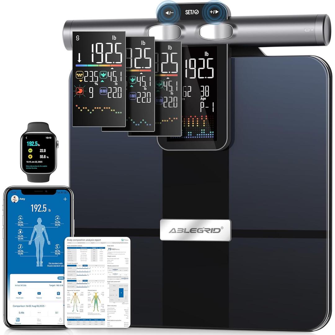 ABLEGRID 8-Electrode Digital Smart Bathroom Scale for Body Weight and Fat Percentage, Full Body Composition Analyzer with Gradient Trends Display,12.2" Platform Handle BMI Weighing Machine,400lb