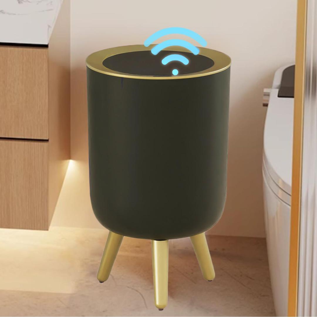 Yatmung Touchless Bathroom Can with Lid - Motion Sensor Garbage Can - Waste Basket for Bedroom, Living Room, Toilet, Office, Plastic - Automatic Bin - Black with Gold Edge