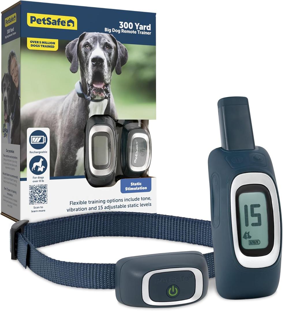 PetSafe 300 Yard Remote Training Collar Choose from Tone, Vibration, or 15 Levels of Static Stimulation Medium Range Option for Training Off Leash Dogs Waterproof and Durable Rechargeable
