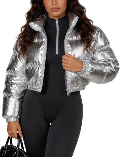 COZYPOIN Women's Metallic Shiny Cropped Puffer Jacket Long Sleeve y2k Zip Up Padded Down Short Coat Outerwear Small