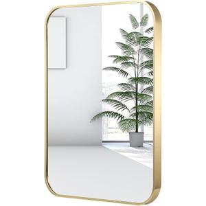 22x30 Inch Gold Bathroom Mirror, Brushed Gold Metal Framed Rectangular Mirror with Rounded Corner, Bathroom Vanity Mirror for Bedroom or Living Room, Horizontal/Vertical