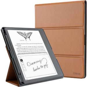 CoBak Stand Case for Kindle Scribe - Premium Folio Leather Cover with Pen Holder, Auto Sleep/Wake - Compatible with 10.2 Inch Kindle Scribe (Lychee Brown)