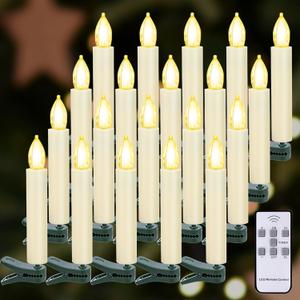 LED Christmas Candles, Flickering Clip on Candles for Christmas Tree, Battery Operated with Remote Timer, Warm White Light, Flameless Taper Candle for Home Christmas Decor, Set of 20