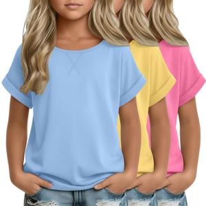 3 Pack Girls Short Sleeve T Shirts Kids Loose Fit Crew Neck Tops Rolled Cuff Summer Basic Casual Blouse (11-12 Years, Sky Blue, Yellow, Peach Pink)