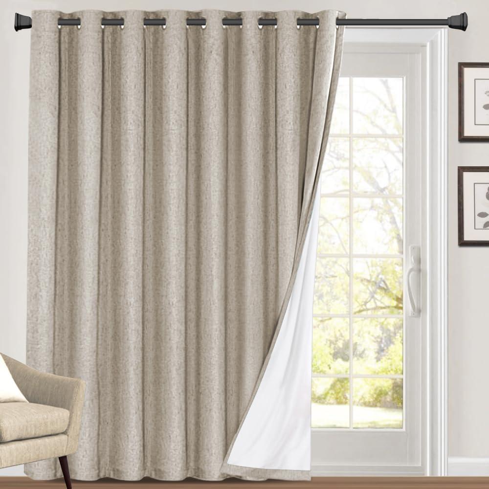 PrinceDeco 100% Blackout Curtains Linen Blackout Curtains 108 Inches Long Room Divider Curtains for Bedroom/Living Room Patio Curtains Thermal Insulated with White Liner,W100 X L108,Stone