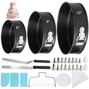 WERTIOO 138pcs Springform Cake Pan Sets for Baking with Cake Decorating Kit, 3 Round Non-Stick Springform Pan Set (6, 8, 10 inches), Leak-Proof Cheesecake Pan with Icing Tips, Cake Leveler & eBook