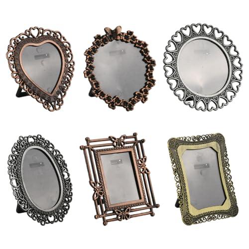 SOFPLATE 6Pcs 6 Styles Heart Shaped Mini Frames Mini Vintage Picture Frames Rectangle Alloy Tiny Small Assorted Colorful Retro Metal Photo Stands Accessories for Home Office Car Table Desk DIY Decor
