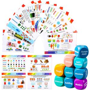 25 Pcs Art Dice Game 9 Art Inspiration Dice 16 Painting Principles Education Cards Creative Drawing and Painting Set Teacher Gifts for Christmas Room Artists Classroom Student Adult