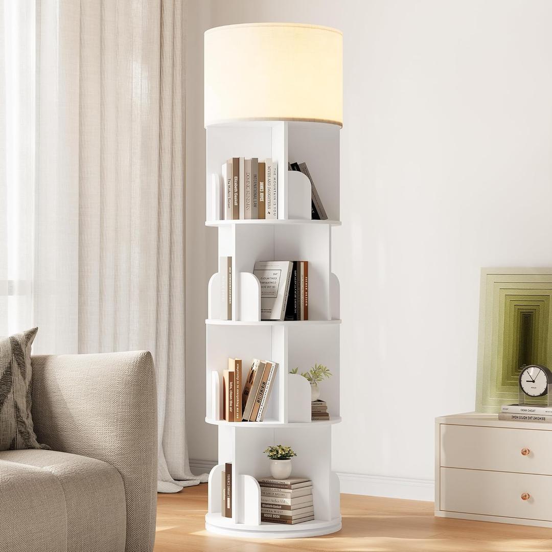 Rotating Bookshelf with Light, 4 Tier Spinning Bookshelf Tower, 360 Revolving Bookcase, Small Corner Book Shelf for Kids Rooms, Bedrooms, Living Rooms, Home Offices, and Compact Areas, White