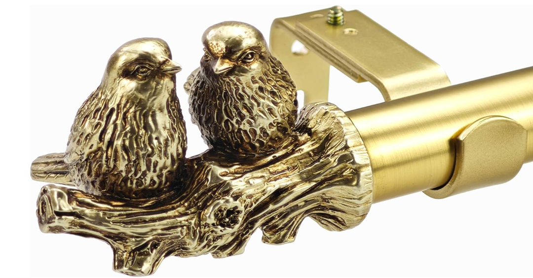 JKONCETTO 1 Inch Single Curtain Rods 36 to 72 Inches Adjustable Drapery Rods for Window width 24 to 68 Inches, Twin Birds on Twig Finials, Brushed Gold