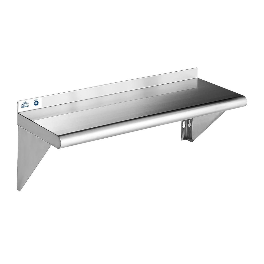 ROCKPOINT Stainless Steel Shelf 10 x 48 Inches 280lb, NSF Metal Commercial Shelves Wall Mount Floating Shelving with Backsplash for Restaurant, Kitchen, Home and Hotel, Silver