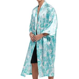 2 x UTJZIB Men's Lightweight Kimono Robe Jacket Printed Japanese Style Bathrobes Casual Open Front Long Cardigan Coat Outwear (US, Alpha, X-Large, Regular, Regular, Green Leaves) (Green, XL)