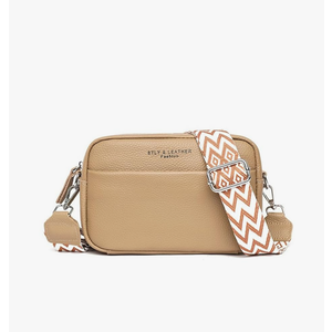STLY & LEATHER Fashion Crossbody Bag, Beige with Chevron Strap, Small Square Purse