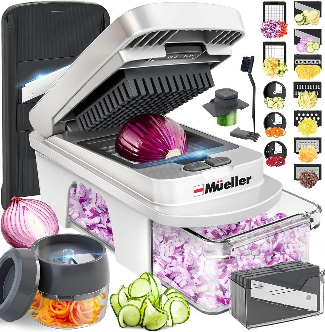 Mueller Pro-Series All-in-One, 12 Blade Mandoline Slicer for Kitchen, Food Chopper, Vegetable Slicer and Spiralizer, Cutter, Dicer, Grater, Kitchen Gadgets Sets with Container, White Sand/Gray