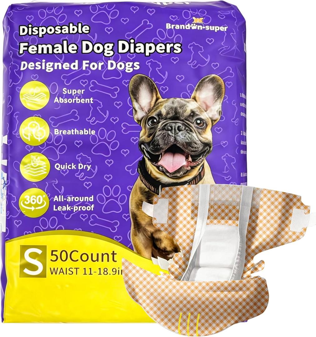 BrandonSuper Dog Diapers Female 50CT,S,Ultra Absorbent Disposable Girl Doggy Diapers,Leak-Proof 360Waist Dog Diapers