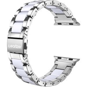 Wearlizer Silver Compatible with Apple Watch Band 38/40/41/42mm, Fashion Womens Men Stainless Steel Strap White Resin Wristband Replacement Metal iWatch Series 11 10 9 8 7 6 5 4 3 SE/Ultra 3 2 1