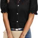 Women Lace Tops Summer V Neck Dressy Casual Button Down Blouses Ruffle Short Sleeve Business Work Shirts (Black, M)