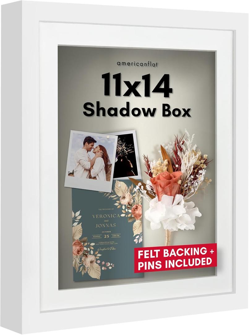 Americanflat 11x14 Shadow Box Frame with Shatter-Resistant Glass - Use as 9x12 Frame with Mat or 11x14 Without Mat - Silhouette Collection - White with Soft Felt Back