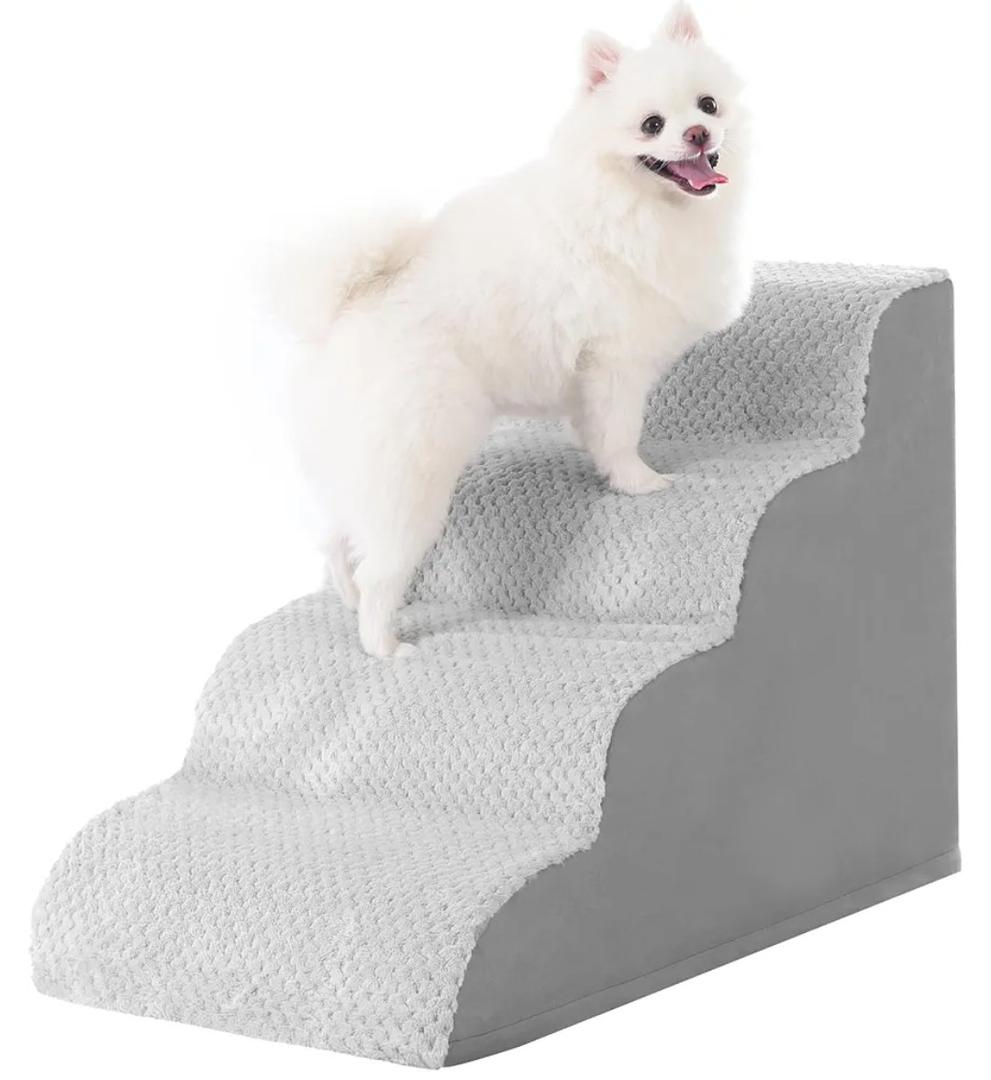MIHIKK Dog Stairs Ramp, Curved 4-Step Dog Steps for Small Dogs and Cats, Pet Stairs for High Beds and Couch with Anti-Slip Washable Cover and Durable High Density Foam, Grey