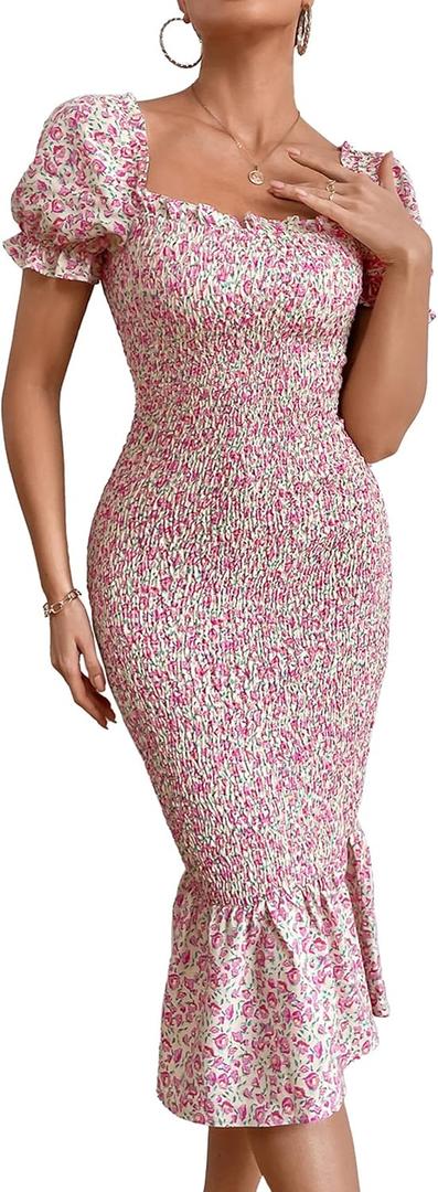 PRETTYGARDEN Summer Floral Bodycon Midi Dresses 2026 Puff Sleeve Mermaid Cocktail Baby Shower Photoshoot Maternity Dress (Small, Pink)