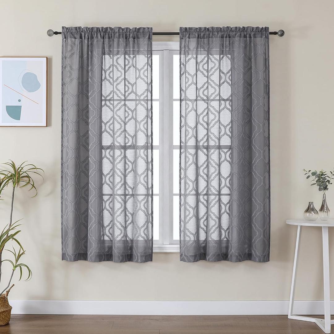 2 x Lecloud Wasa Charcoal Grey Sheer Curtains 63 Inch Length Set of 2, Classic Solid Jacquard Curtains, Light Filtering & Lightweight Gauzy Window Treatments for Bedroom, 42 W x 63 L