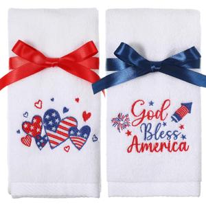 Remagr 2 Pack 4th of July Hand Towels Cotton Embroidered 13.7'' x 29.5'' Patriotic Red White Blue USA Hand Towel Bathroom with Ribbon Decorative American Independence National Day Dish Tea Towel Set