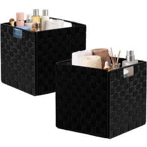 2-Pack Collapsible Ribbon Woven Storage Bins with Metal Structure, Small Black Storage Basket,Shelf Basket, Pantry Organizer, Home Decorative Utility Cubes (11 x 11 x 11 in, Black)