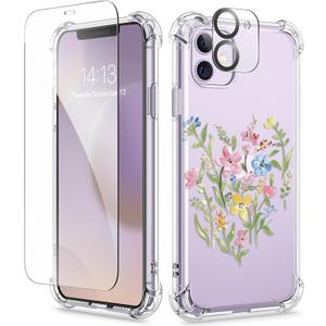 GVIEWIN for iPhone 11 Case Floral, with Screen Protector&Camera Lens Protector,[Non Yellowing] Soft Shockproof Clear Phone Protective Cover for Women, Flower Pattern Design 6.1"(Bloomcore/Green)