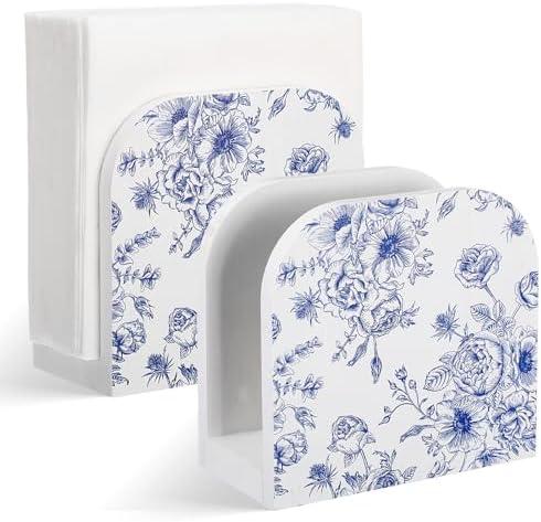 Threehoney 2 Pcs Wood Napkin Holder Blue and White Chinoiserie Wooden Standing Dispenser Napkin Holder for Table Wedding Kitchen Birthday Party Dining Room