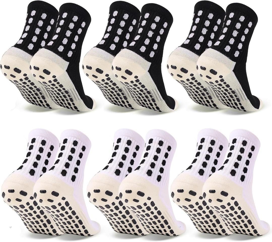 6 Pairs Kids Grip Soccer Socks Cushioned Non Slip Football Athletic Sports Socks for Boys Girls (Medium, 6 Pairs, 3black + 3white-1)
