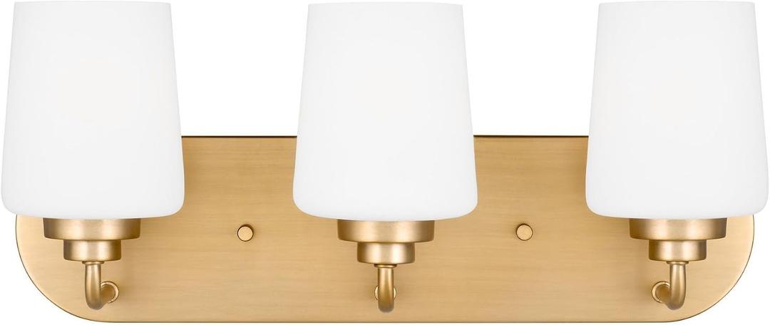 Generation Lighting 4402803-848 Windom - 3 Light Bath Vanity, Satin Brass Finish with Etched/White Glass, 225 Total Watts, 7.5 Inch Height, 18 Inch Wide, Steel Construction, 18 x 7.5 x 4.63