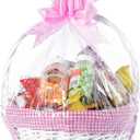 White Round Willow Gift Basket with Pink Gingham Liner & Handle, Mediun Empty Christmas Basket for Gifts, Holiday Wicker Basket, Basket to Fill