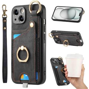 JanCalm for iPhone 15 Plus Case, Metal Ring Holder Stand, Card Slots Wallet, Wrist Strap, Magnetic Clasp, Leather Shockproof Protective Cover for iPhone 15 Plus (Black)
