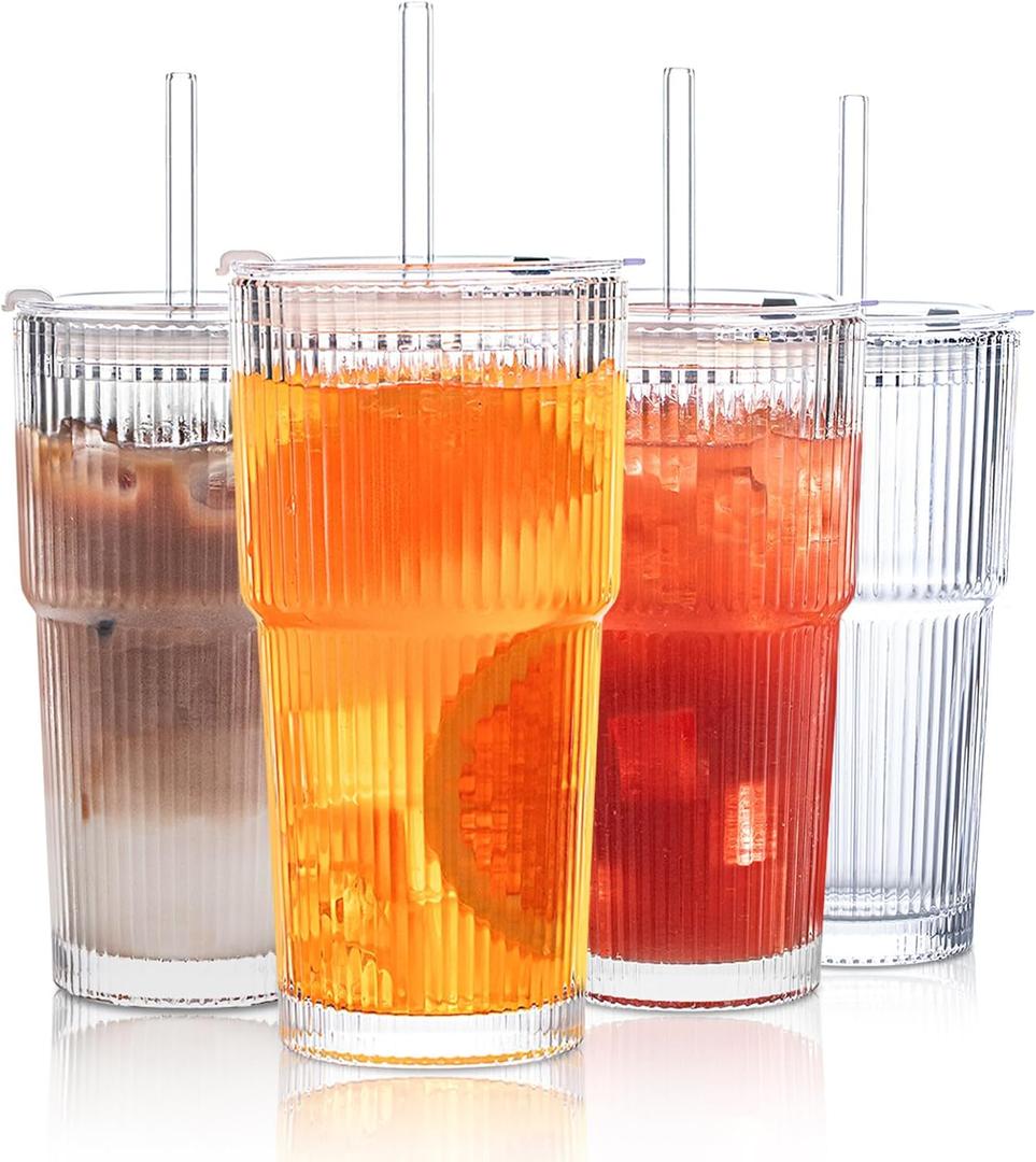 INSETLAN 20 Oz Ribbed Glass Tumblers with Lids and Glass Straws 4-Piece Glassware Set, Thickened Wall, Ideal for Iced Coffee, Smoothies, Cocktails, and Juices Elegant and Durable Drinkware