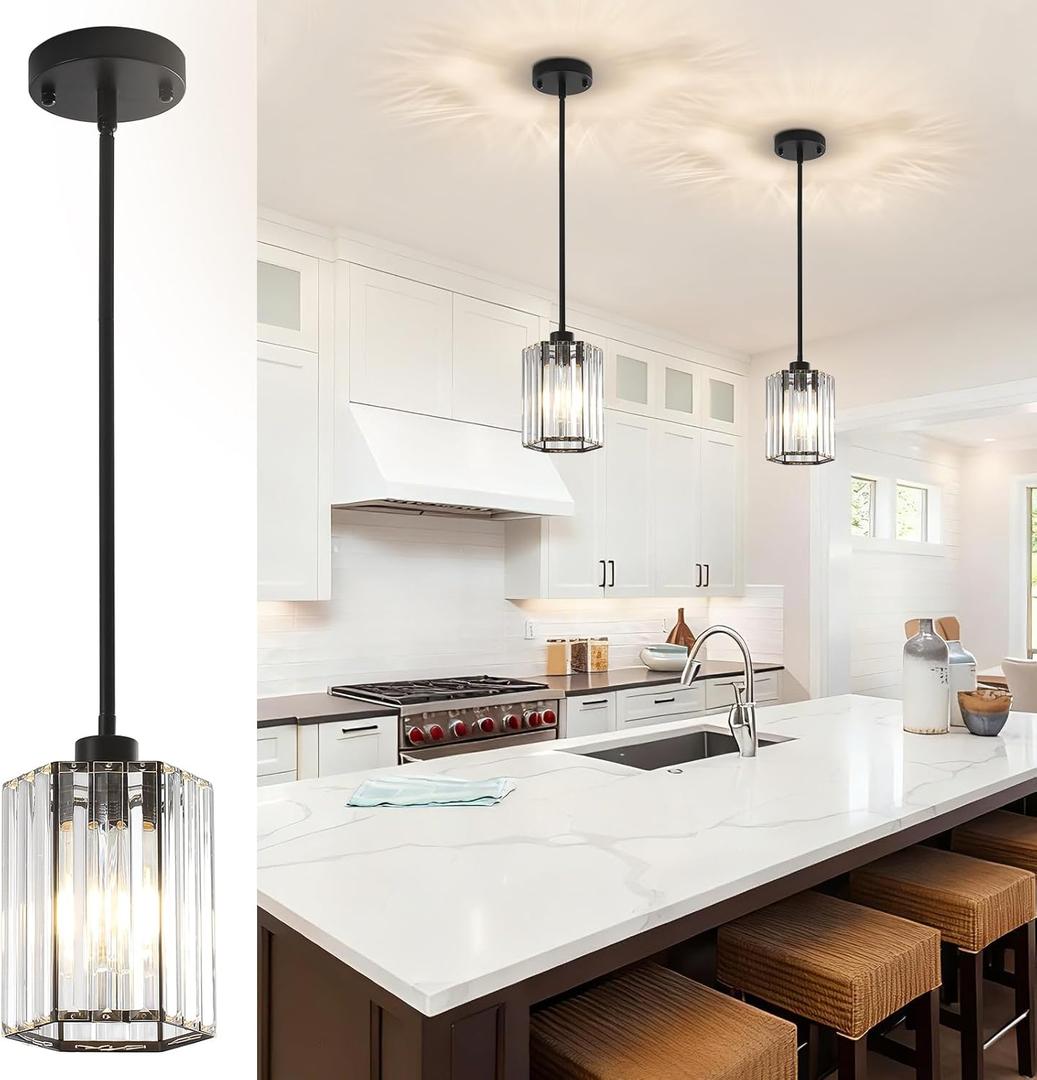 Crystal Pendant Lights Kitchen Island, 2 Pack Modern Black Kitchen Pendant Light Fixtures, Small Hexagonal Crystal Hanging Lights for Kitchen Island, Dining Room, Hallway, Foyer, Entryways