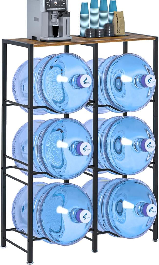 5 Gallon Water Jug Holder, Water Jug Stand with Storage Rack, 3-Tiers Water Dispenser Stand, Water Bottle Stand for Kitchen, Office, Living Room, Brown