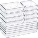12 Pack Clear Plastic Drawer Organizer Set, Acrylic Non Slip Non Cracking Kitchen Drawer Storage Tray Large Size Divider, Multifunctional Storage for Cosmetics, Bathroom, Tools, Kitchen and Office