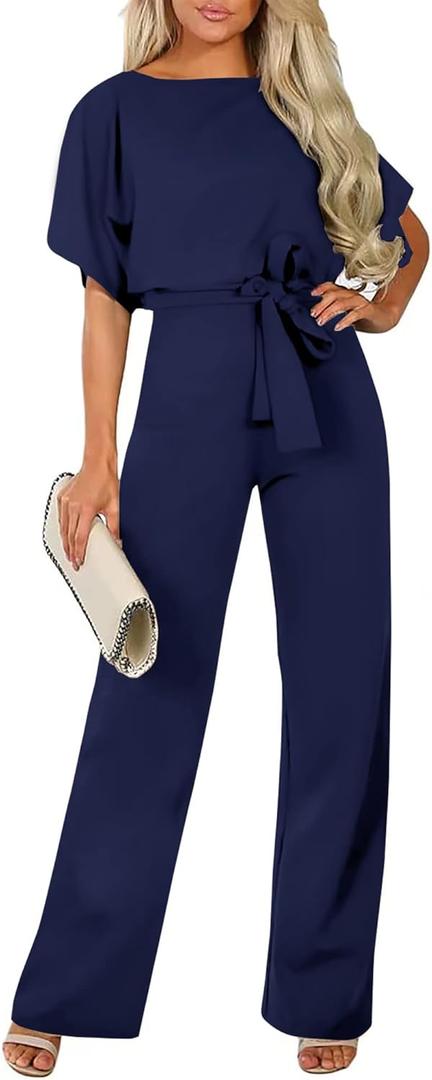 AUXDIO Womens Casual Short Sleeve Loose Crew Neck Belted Wide Leg Romper Jumpsuits (Small, Navy Blue)
