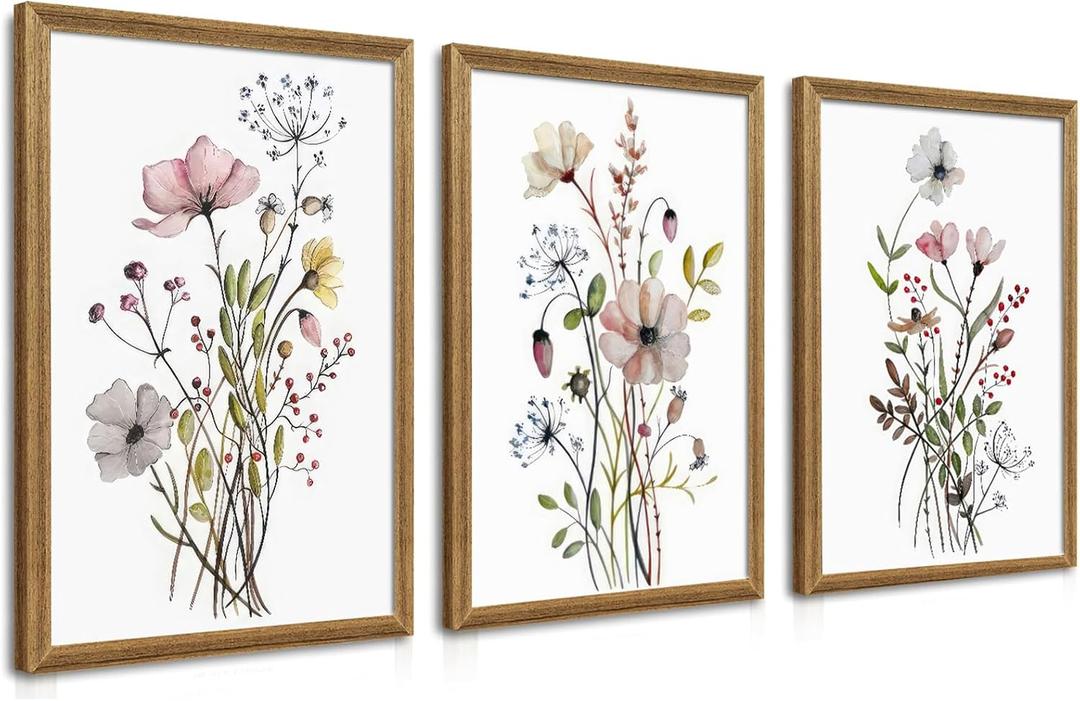 WRFON Framed Botanical Canvas Wall Art Set of 3, Watercolor Floral Prints, Framed Flower Wall Decor for Bedroom Bathroom Living Room, 20x30 Inch Each