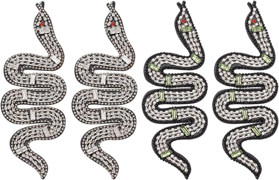 4pcs Rhinestone Snake Patches - White Handmade Crystal Snake Appliques - Sew On Beaded Crystal Badges - Fabric Embroidery Patches for Clothes, Bags, Pants, Shoes, Hats & DIY Projects (Mix Size)