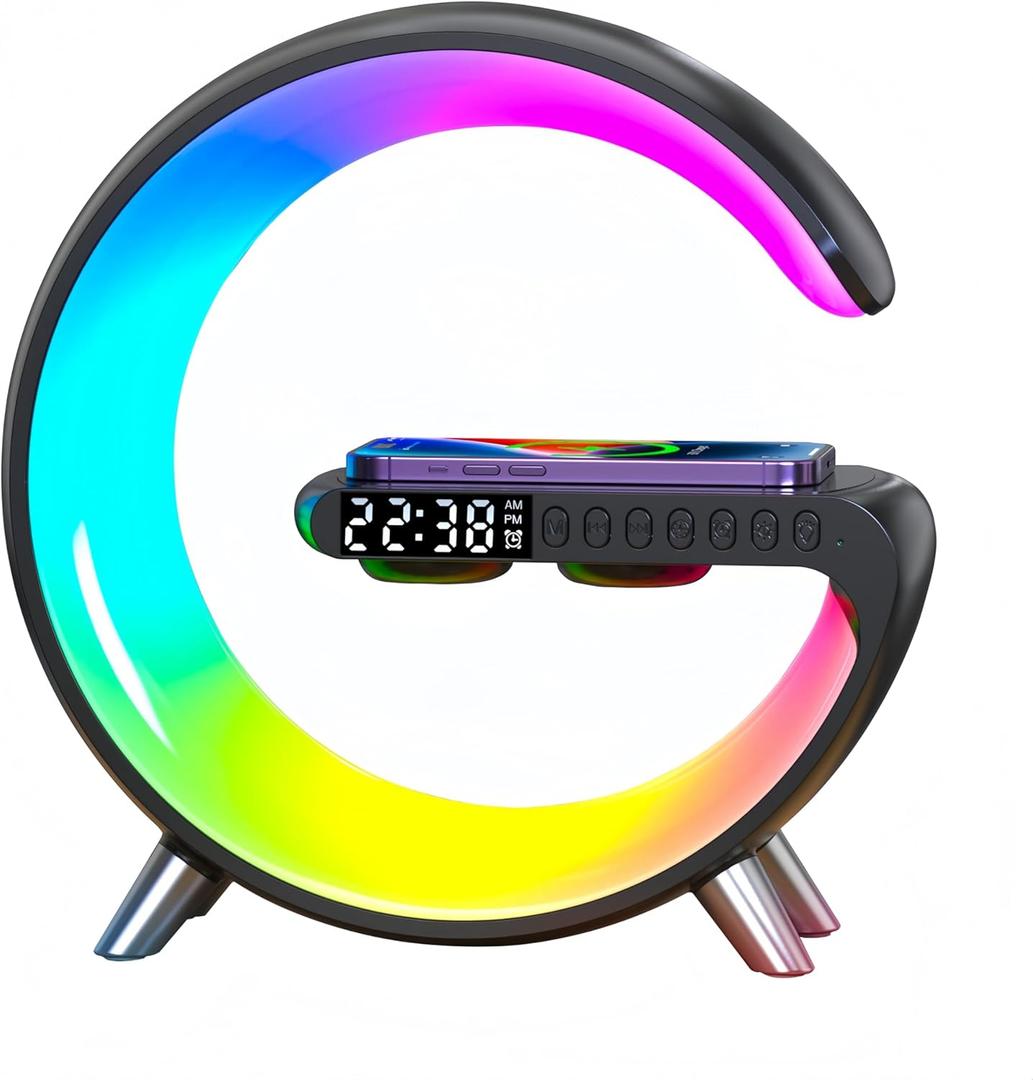 lamp with Wireless Charge, Table led Atmosphere lamp, Smart Light Sound Machine, Bluetooth Speaker with Alarm Clock, App Control Night Light Lamp for Bedroom BlackLarge G