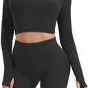 Women Workout Sets 2 Pieces Long Sleeve Seamless Yoga Outfits Gym Clothes, Small