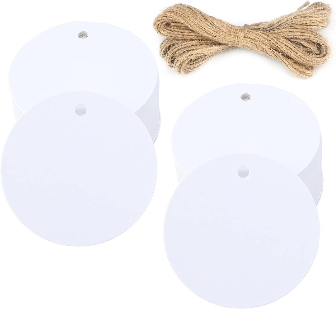 G2PLUS 100PCS White Gift Tags with String2.2'' Round Paper Tag Blank Hang Tag Circle Tags with Holes for Craft Projects, Xmas Gift, DIY Wedding Favor Bag