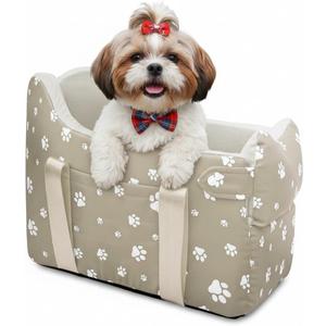 Dog Car Seat for Small Dogs (Under 15 lbs) Center Console Pet Carrier with Safety Belt, Storage Pockets & Removable Washable Cover (Khaki Car Seat)