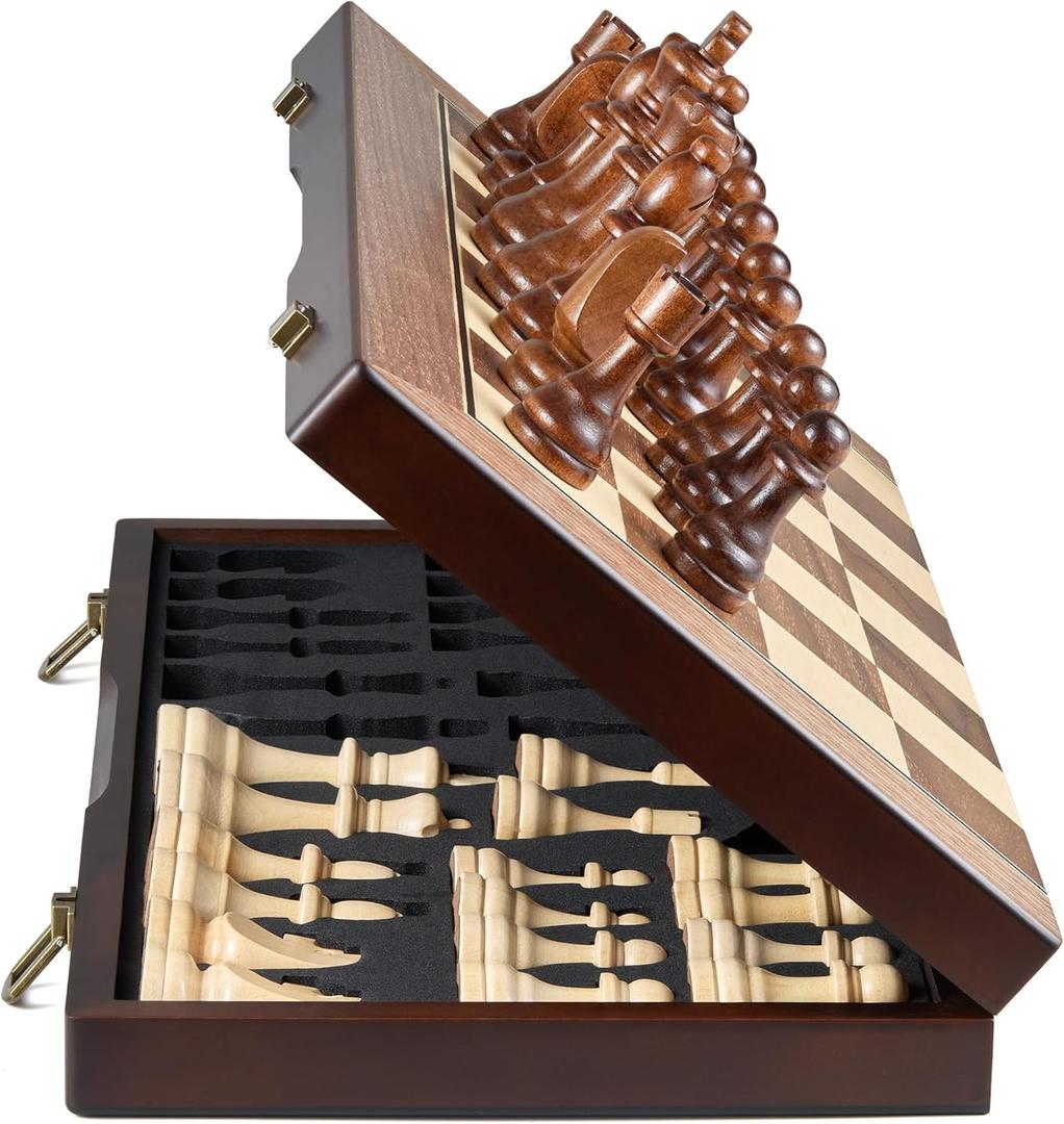 AMEROUS 17'' Magnetic Wooden Chess Set for Adults Kids - with Folding Board, Gift Package, Pieces Storage Slots, Handmade Pieces,Chess Board Game Set for Tournament Professional Beginner
