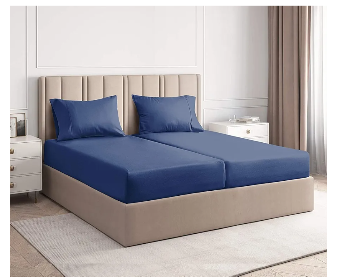 CGK Unlimited 400 Thread Count Cotton Bed Sheet Set - 100% Cotton Sheets - Sateen Cotton - Fits 8" to 16" Mattress - Silky-Soft, Hotel Quality Bedding Linens, Split King, Navy Blue