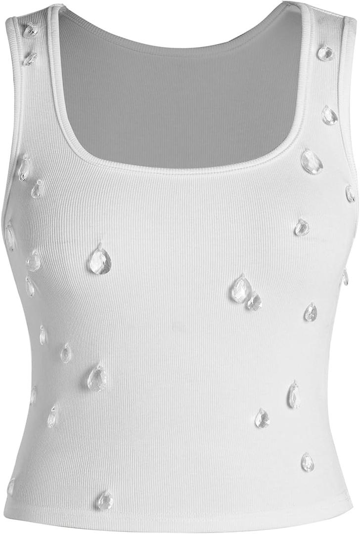 Verdusa Women's Crop Tops Sleeveless Festival Party Clubwear Fashion Crystal Tank Top (White, M)