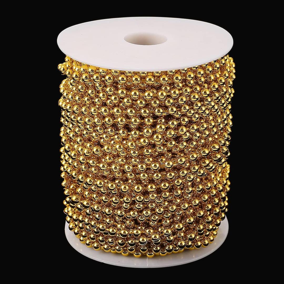 Jerler Pearl Garland 33 Yards/98 Feet Artificial Pearl Bead Chain Trim Strands Roll, Ideal for DIY Crafts, Christmas, Wedding, Bouquet and Party Decoration (5mm-Gold)
